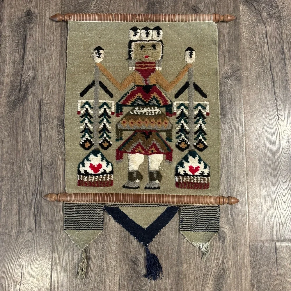 Vintage Native American Hand Woven Wool Wall Hanging Rug Tribal Man Navajo Yei?